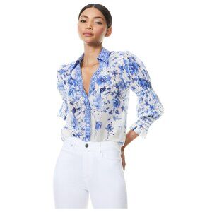 Alice + Olivia Cosima Floral Printed Blue White Long Sleeve Button Front Blouse